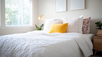 Cozy bedroom with white bedding, yellow accent pillow, and natural light