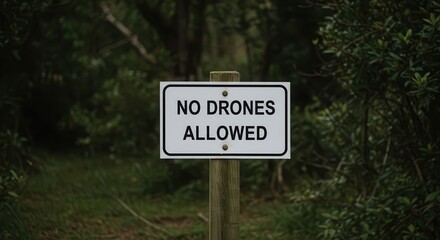 No Drones Allowed Sign in Forest Environment on Wooden Post