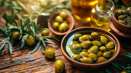 Green olives in olive oil with herbs.