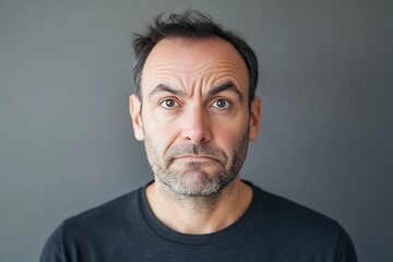 Obraz premium A man's pensive expression, conveying thoughtful contemplation and quiet introspection against a muted gray backdrop.