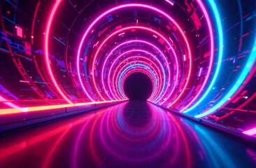 Glowing neon tunnel with vibrant colors, abstract light vortex and futuristic scene


