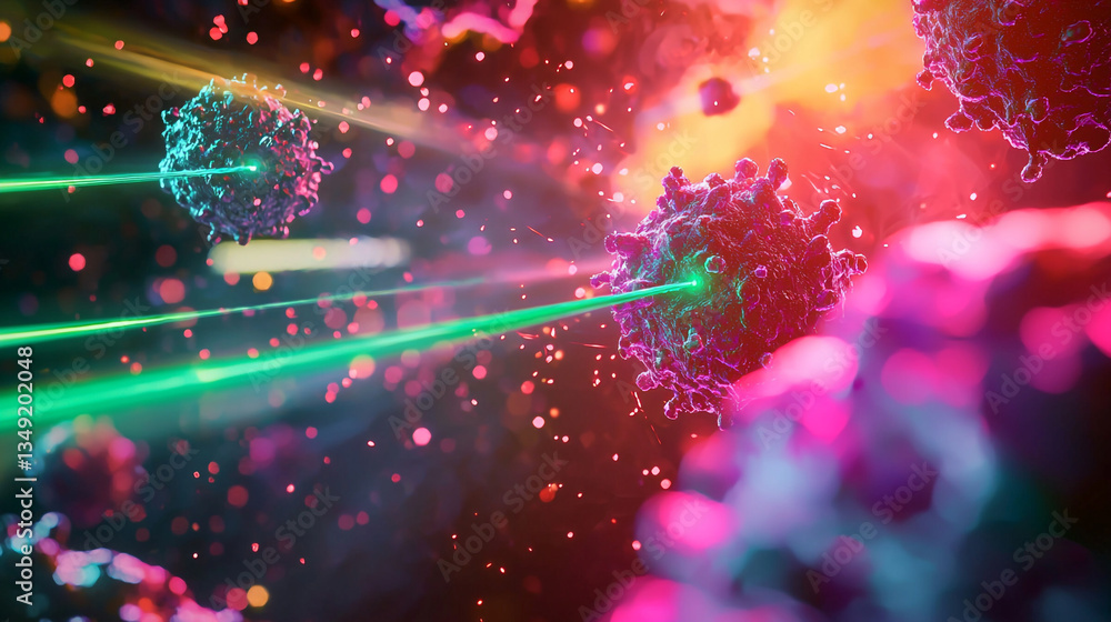 Poster microscopic view of virus cells being targeted with green lasers in a colorful environment