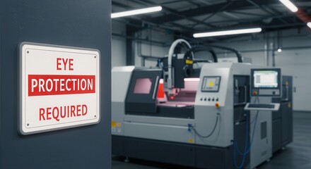 Eye Protection Required Sign Near Automated Milling Machine in Factory