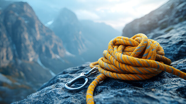 A climber's coiled rope and carabiner rest atop a majestic mountain peak, symbolizing perseverance and the breathtaking beauty of a challenging ascent against a dramatic, mountainous backdrop.