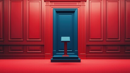 Vibrant door against a red wall backdrop