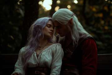 Fototapeta premium A romantic scene with an elven couple in a magical world filled with a mysterious atmosphere. Perfect for a romance novel cover or fantasy illustration.