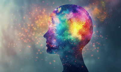 Obraz premium Abstract Creative Conceptual Silhouette of Human Head Filled with Colorful Cosmic Stars, Galaxy, and Nebula Representing Imagination, Innovation, Dreams, Creativity, and Mental Power
