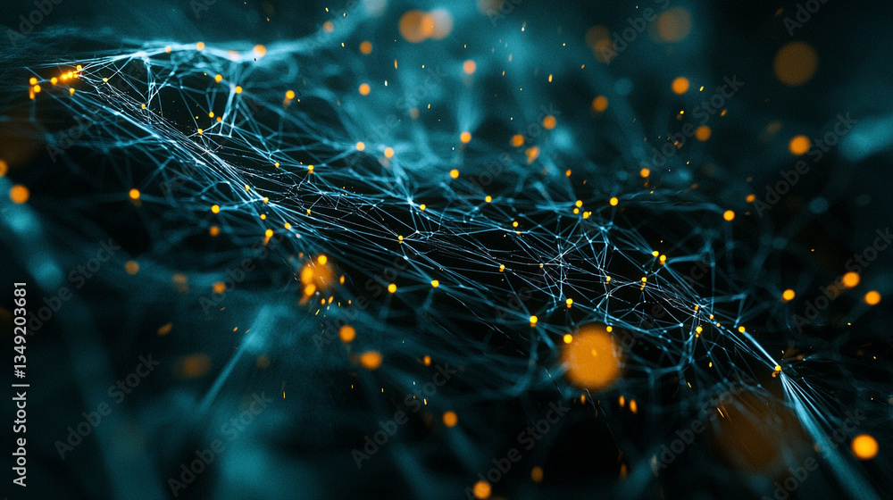 Poster abstract network with glowing nodes and interconnected lines on a dark teal background design elemen