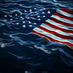 The US flag on a background of blue waves. Patriotic composition of the US Navy. An aircraft carrier in the ocean. The aircraft carrier and flagship of the United States.