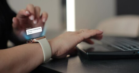 Close up of woman hands checking 3d rendering incoming notification on smart watch. Incoming text message received on smart watch. Social media networking technology concept. - Powered by Adobe
