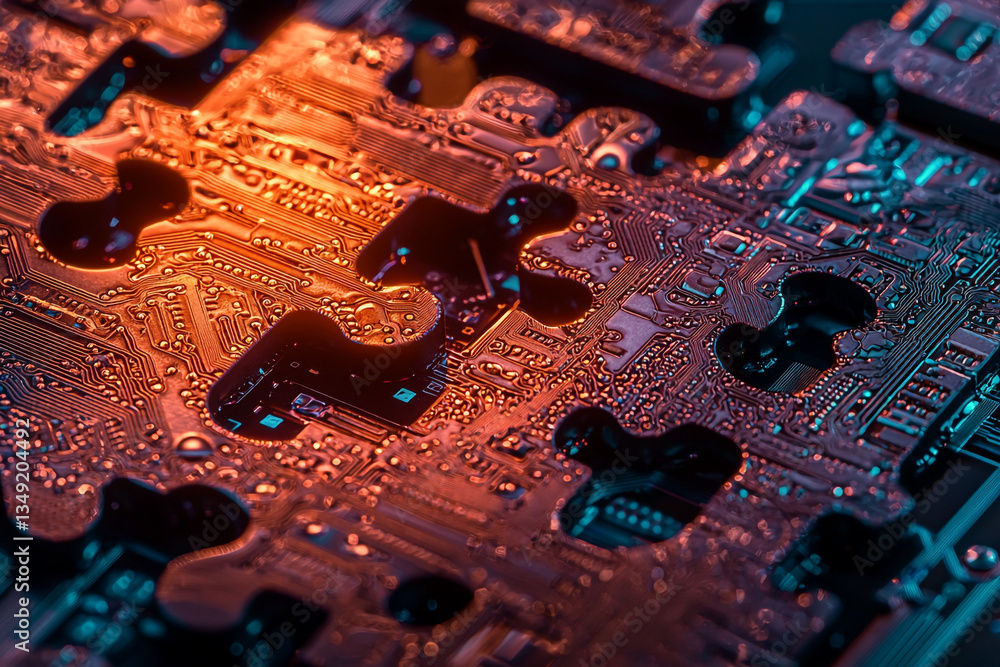 Poster close up of a puzzle with circuit board design illuminated with orange and blue light