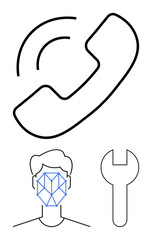 Outlined phone receiver, human face with geometric facial recognition grid, and wrench. Ideal for communication, technology, facial recognition, troubleshooting, repair, artificial intelligence