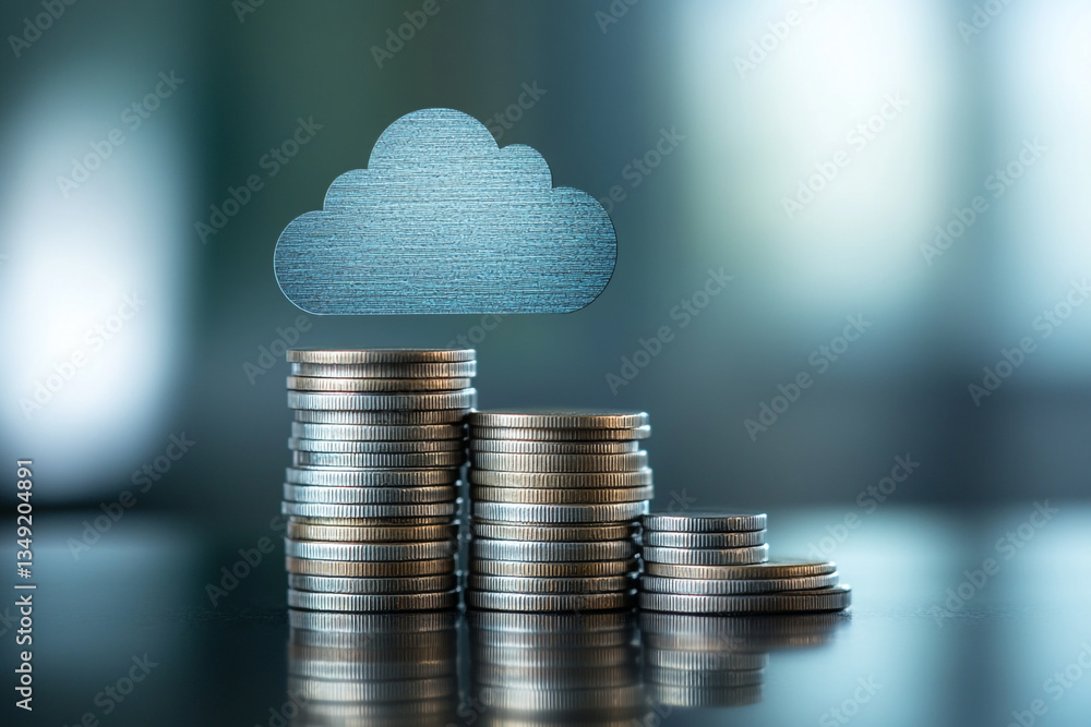 Poster three stacks of coins with a cloud symbol above them on a reflective surface with a blurred backgrou