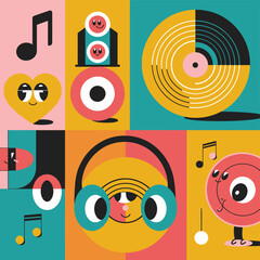 Obraz premium 2d vector illustration icon cool entertainment cartoon character music tools (Drum , Music Note , Headphones ,Microphone , Piano , Guitar ,Record) 