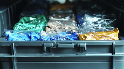 Colorful items in plastic bags inside a gray storage bin.