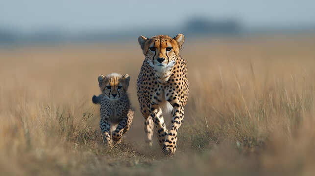 A cheetah mother and cub sprint across the golden savanna, a breathtaking display of wild grace and family bond in the African wilderness with warm sunlight and blurred grasses.