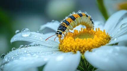 Naklejka premium A vibrant caterpillar explores a daisy flower, adorned with droplets of water, showcasing the beauty of nature.