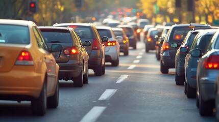 Traffic jam on a city road at sunset.