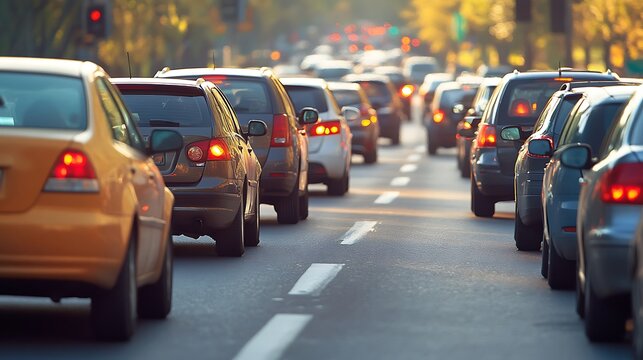 Traffic jam on a city road at sunset.