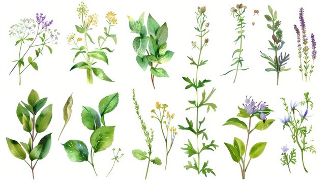 Charming Hand - Drawn Vector Watercolor Set: Herbs, Wildflowers, and Spices for a Rustic Touch