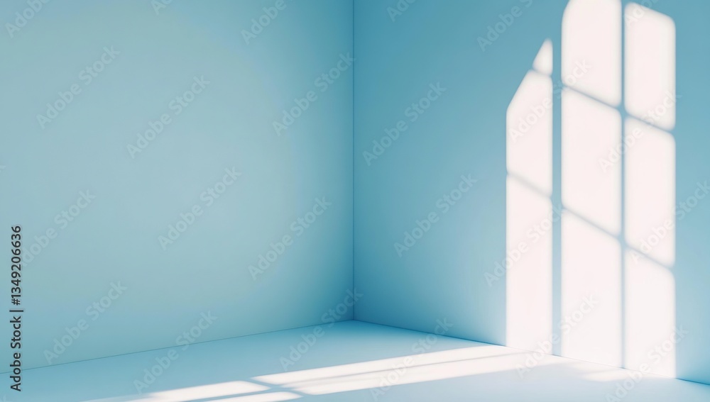 Aufkleber light illuminates empty room corner, casting window pane shadows on walls and floor, creating serene