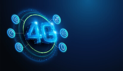 Lowpoly 4G Communication Network With Lineart Icons. Abstract geometric illustration on fourth generation wireless mobile network connection technology concept by wireframe mesh on blue background