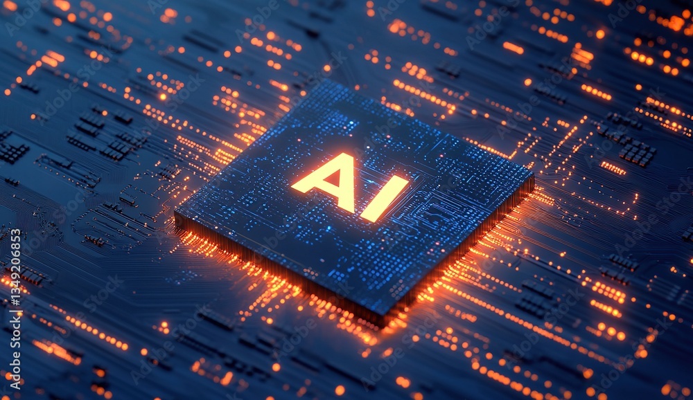 Poster glowing ai microchip on circuit board