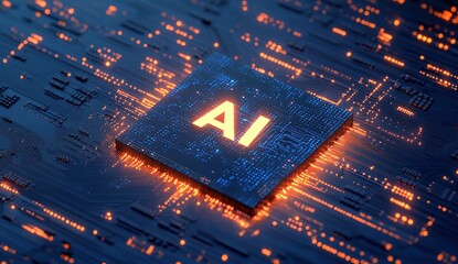Glowing Ai Microchip on Circuit Board