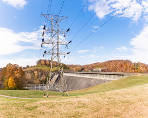 High tension transmission lines in late autumn at Norris Dam along the Clinch River, Tennessee
