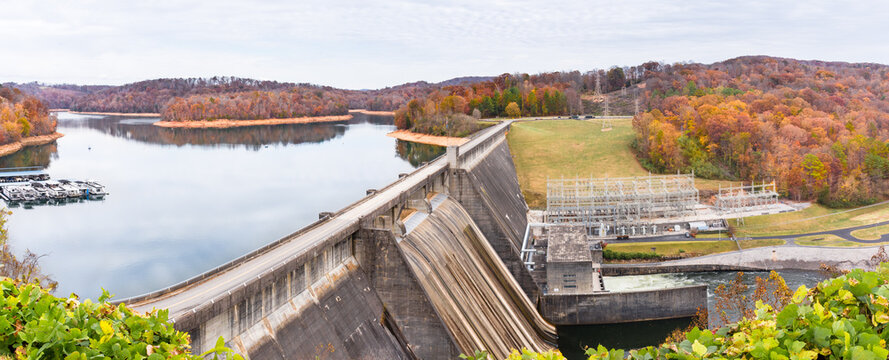 TVA Norris Dam and reservoir along the Clinch River in late autumn, Tennessee