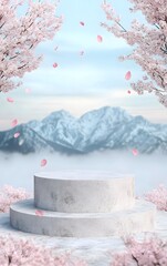 A podium resting on a misty mountaintop, surrounded by cherry blossom petals drifting in the wind