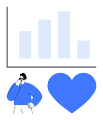 Bar chart next to thoughtful person and large heart, combining data analysis with emotional understanding. Ideal for analysis, decision-making, empathy, business growth, health, psychology, and brand