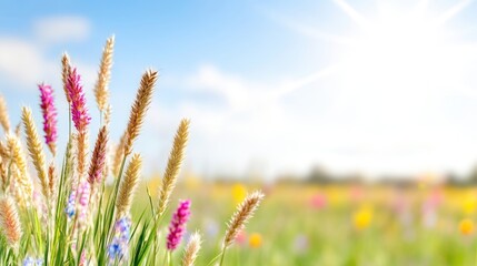 Obraz premium Vibrant wildflowers in a sunny meadow. A close-up view of colorful blossoms and grasses, bathed in sunlight, against a backdrop of a field bursting with various hues of flowers