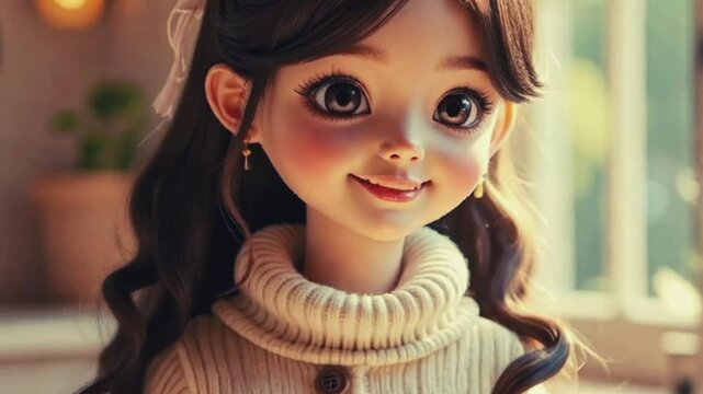 Beautiful  anime girl in turtleneck sweater, big beautiful eyes, sweet smile, character, happy expression, short video, contemporary, 3d, animation, child, short clip, graphic, live video, modern, coz