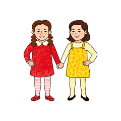 Obraz premium Vector Colorful Illustration of Two Girl Friends Isolated on White Background