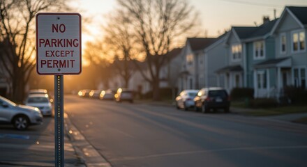 No Parking Except Permit Sign on Residential Street at Sunset