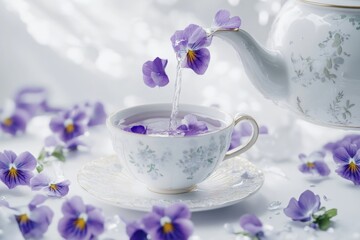 A teapot pouring purple and white flowers into a cup, set against a light background with studio lighting.