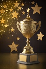 Gold winner’s trophy with sparkling golden stars in the background. (Prize)