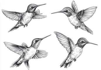 Obraz premium Four Monochrome Hummingbirds in Flight Pointillist Wildlife Illustration