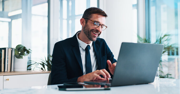 Man, lawyer and typing with laptop in office for legal review, contact and virtual consultation service. Person, attorney or advocate with PC, report and smile with lead for court case at law firm