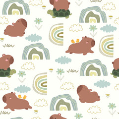 Cute capybaras pattern with rainbows, clouds and flowers. Seamless pattern