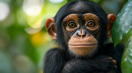 A young chimpanzee's gentle gaze, a portrait of innocent curiosity in lush green foliage with soft, natural lighting.