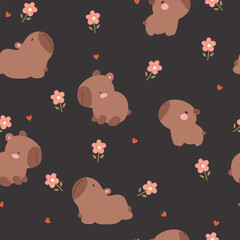 Seamless pattern with cute capybaras, hearts, and flowers, vector illustration.
