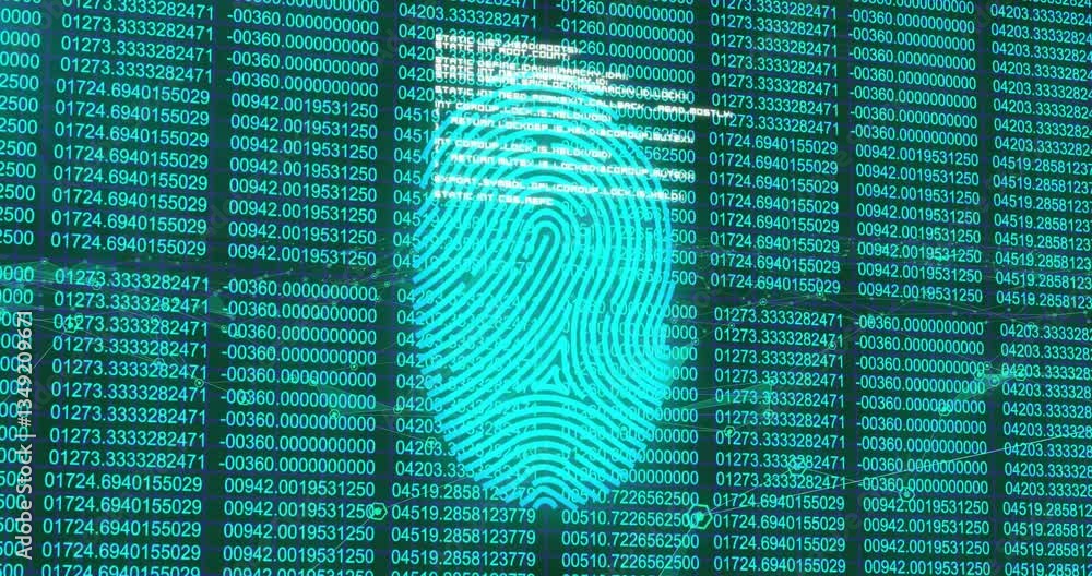 Poster fingerprint overlaying animation with digital code, symbolizing cybersecurity in school