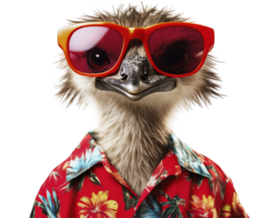 quirky emu sporting oversized red sunglasses and vibrant Hawaiian shirt exudes playful and fun vibe. This amusing character captures attention with its unique style and cheerful expression