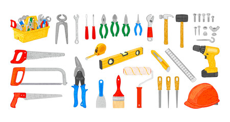 Vector Colorful Illustration Set of Hand Tools for Repair Isolated on White Background