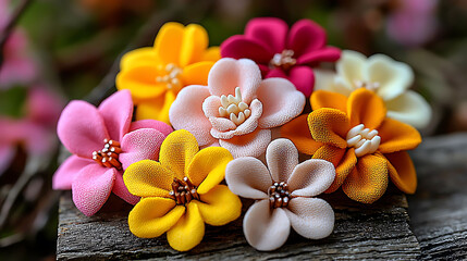 Vibrant handcrafted fabric flowers in a delightful array of colors.  Perfect for spring themes, crafting projects, or adding a touch of delicate beauty to any design.