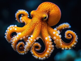 Close-up of an orange octopus with white suckers, detailed texture. Perfect for marine life, ocean, or animal themes; evokes curiosity and wonder.