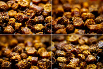 Collection of images with extreme close up of bee bread. Selective focus. Shallow depth of field
