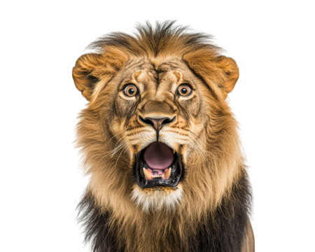 shocked lion with its mouth wide open, displaying fierce expression and vibrant mane, captures attention with its intense gaze and powerful presence